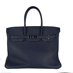 Hermes Birkin 35 handbag, Taurillon Clemence leather, Blue Indigo, Silver, Me...